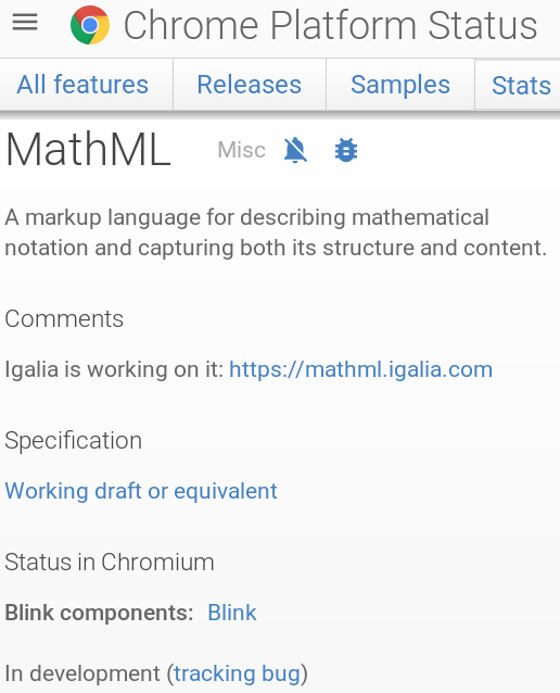 MathML entry in chrome platform status